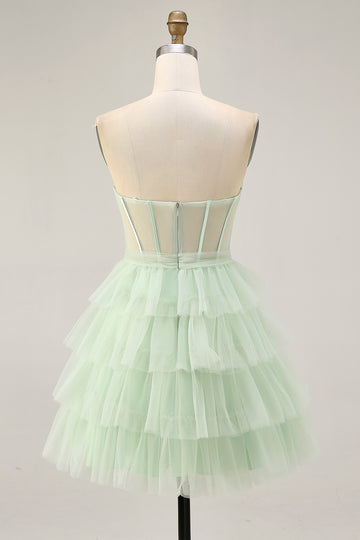 Tiered A-Line Corset Strapless Light Green Homecoming Dress